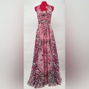 Y2K WHBM Pink Novelty Butterfly Print Halter Top Dramatic Maxi Length Sundress